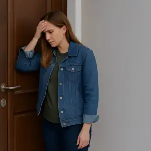Junge Frau steht besorgt vor einer verschlossenen Wohnungstür – Symbolbild für ausgesperrt sein und Probleme mit dem Schlüsseldienst